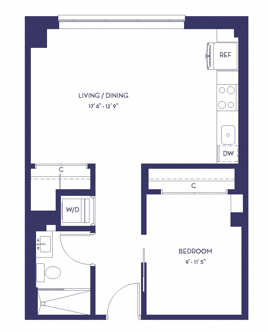Floor plan for 1 bed, 1 bath, 532 sqft